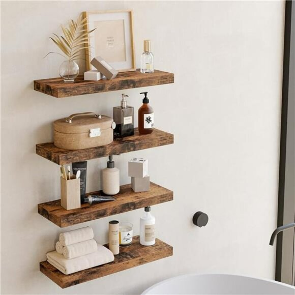 Rustic Wood Floating Wall Shelves Set of 4 Bathroom Kitchen Bedroom Decor - Picture 5 of 8